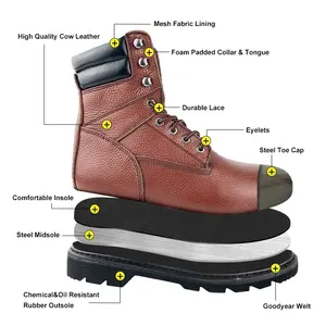 Sapatos de segurança confortáveis para oficina industrial, 7 polegadas, couro de vaca dividido, biqueira de aço, biqueira de aço, sapatos de segurança de borracha 2024