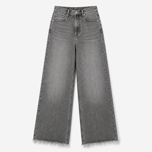 Vaqueros de mujer de cintura alta, lavado claro, pierna ancha, teñidos, con dobladillo, corte regular, 100% algodón, estilo casual urbano, ecológicos - Product Image 2