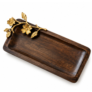 Bandeja Redonda de Madera de Lujo con Asas de Ramas de Olivo en Peltre, Plato Decorativo de Madera de Acacia para Decoración de Mesa de Centro - Product Image 4
