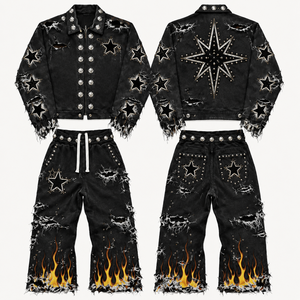 Custom Distressed Denim Jacket And Flame <b>Jeans</b> Set Vintage Star Studded Street Wear Fashion Outfit For Unisex Wear - Product Image 1