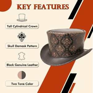 Chapeau haut de forme en cuir véritable personnalisé, imprimé crâne marron, damassé, style gothique steampunk, accessoires vestimentaires - Product Image 3