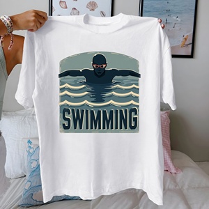 Camiseta Informal de Mujer, 100% Algodón, Tejida, con Estampado de Olas y Silueta de Nadador, Corte Cómodo - Product Image 1