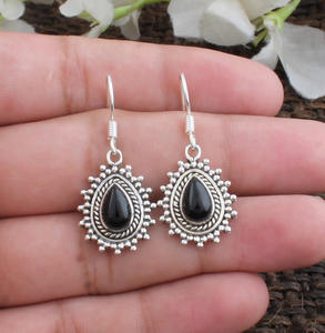Natural Black <b>Onyx</b> 925 Sterling Silver Dotted Milgrain Design Vintage Style Drop <b>Earrings</b> Wedding Party Wholesale Luxury - Product Image 3