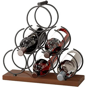 Support de rangement pour vin en fer décoratif classique, de qualité supérieure, pour 6 bouteilles, support à vin de comptoir en bois et métal, porte-vin de table - Product Image 1