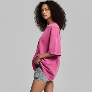 T-shirt rose ample à col rond pour femme, coupe décontractée, couleur unie, manches courtes, en jersey tricoté, respirant, printemps-été, vente en gros - Product Image 5