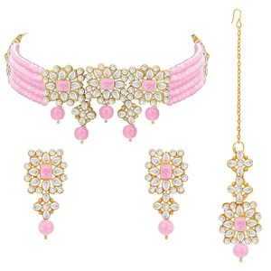 Conjunto de Joyas de Cristal Floral Rosa, Collar y Aretes Chapados en Oro de 22K, Estilo Romántico para Boda de Mujer - Product Image 1