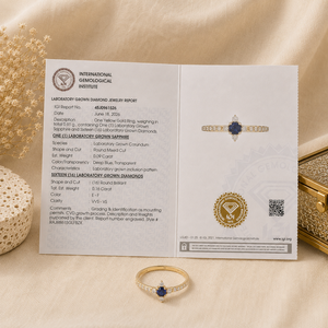 แหวนทองคำแท้ 14K ดีไซน์ใหม่ รับรองโดย IGI ประดับเพชรเลี้ยงในห้องปฏิบัติการและไพลินสีน้ำเงินเข้ม เครื่องประดับสำหรับผู้หญิง - Product Image 6