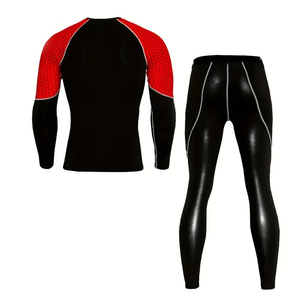 Ensemble de yoga bicolore noir et rouge, manches longues, col rond, 2 pièces, en Spandex et Nylon, extensible dans les quatre sens, avec surpiqûres contrastées, coupe haute - Product Image 3