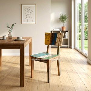 Chaise de salle à manger rustique artisanale et durable en bois de bateau recyclé, couleur naturelle, écologique, pour mobilier de villas, maisons de vacances et hôtels. - Product Image 4