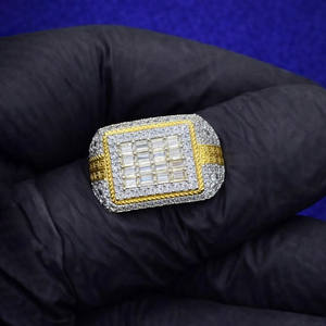 925 Sterling <b>Silver</b> Baguette and Round Cut Moissanite Diamond Signet <b>Ring</b> Hip Hop Style <b>Statement</b> <b>Ring</b> for Unisex Gift Jewelry - Product Image 2