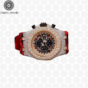 Charm_Jewells Luxury Men's Stainless Steel Watch 42mm Round Case Analog Quartz <b>Chronograph</b> Red Leather Band Sapphire Crystal - Product Image 1