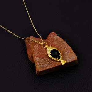 Collar con Colgante de Pez de Ónix Negro, Hecho a Mano, Chapado en Oro, Piedra de Nacimiento de Julio, Joyería con Dije, Regalo para Ella - Product Image 2