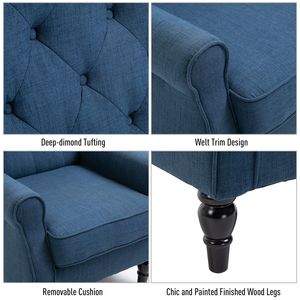 Sillón Club Tapizado en Tela Azul con Patas de Madera para Sala de Estar y Dormitorio - Product Image 5