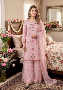 Conjunto de Traje Palazzo de Georgette Sintética con Bordado Floral |   Blusa Larga de Manga Tres Cuartos, Corte Holgado, Tejida con Lentejuelas y Perlas - Product Image 2
