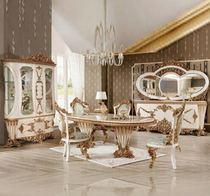 Ensemble de table à manger ovale en teck blanc doré de luxe, design antique français, meubles de salle à manger pour usage hôtelier, fabriqué en Indonésie - Product Image 1