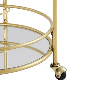 Chariot de bar rond en métal doré avec plateau miroir et roulettes, diamètre 23 pouces, hauteur 31,75 pouces, design glamour pour les fêtes - Product Image 3