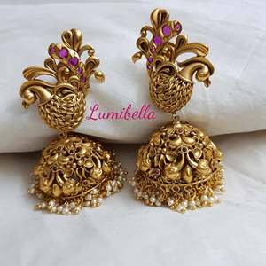 Gold Plated Ethnic Drop Jhumka Earrings with Pearl and Ruby Stones - Product Image 1