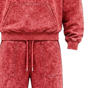 Conjunto Deportivo para Hombre, Rojo, Lavado Ácido, 100% Algodón, 480 gsm, Alta Calidad, con Pedrería, Pantalones Largos con Cordón Ajustable, Ropa Casual - Product Image 2