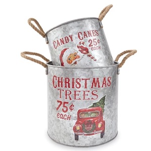 Vintage Metal Christmas <b>Bucket</b> Set with Santa and Tree Design, Rope Handles, Decorative Storage <b>Tins</b> - Product Image 1