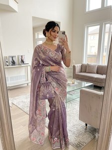 Nouveau Saree Reglance Rich Look Fendy en satin, avec bordure à sequins et broderie, magnifique Butta, infroissable et à séchage rapide, idéal pour mariage - Product Image 3