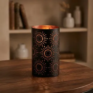 Matte <b>Black</b> <b>Metal</b> Votive <b>Candle</b> <b>Holder</b> With Gold Dot Pattern Cylinder Home Decoration - Product Image 1