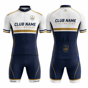 Ensemble de maillots de cyclisme unisexes personnalisés MEGAMAPLE, blanc, marine, or, imprimé par sublimation, polyester respirant, coutures invisibles, nom du club - Product Image 1