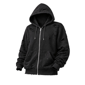 Sweat à capuche unisexe noir déchiré avec fermeture éclair, style vintage, en molleton délavé, streetwear, avec poches, 100 % coton - Product Image 1