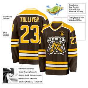 Camiseta de Hockey sobre Hielo Personalizada para Hombre, Marrón y Amarillo, Cuello en V, Manga Larga, Tela de Malla, Impresión de Logotipo Personalizado, Transpirable - Product Image 2