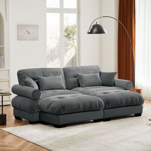 Divano Moderno Oversize a 2 Posti in Velluto con Poggiapiedi, Braccioli Imbottiti e Cuscino Lombare - Cuscini Decorativi Inclusi per Soggiorno - Product Image 2