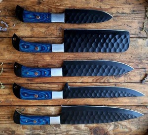 Ensemble de 5 couteaux de cuisine, finition martelée, bord droit, manche en bois bleu - Product Image 4