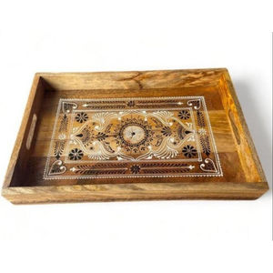Plateau de service marocain en bois massif fait main avec poignées, décoratif, peint à la main, design en incrustation blanche et noire, plateau de table de cuisine - Product Image 1