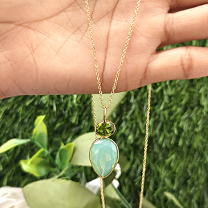 New arrival fashion necklaces green opalite and peridot quartz pendant gold plated bezel teardrop double stone pendant necklace - Product Image 6