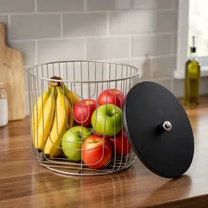 Wire Fruit <b>Basket</b> with Lid Round Metal Storage <b>Basket</b> Silver Black Kitchen Counter Organizer for Fruits <b>Vegetables</b> Snacks Dining - Product Image 6