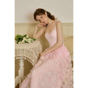 High Quality Vietnam Maxi Length Casual <b>Dresses</b> Sleeveless Strap Square Neck Hellen 3D Floral Lace Jacquard Slip <b>Dress</b> KD46 - Product Image 1