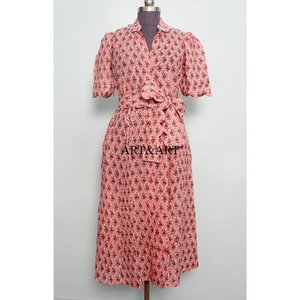 Hermoso Vestido Midi de Algodón para Mujer, Estampado Floral a Mano, Estilo Dulce y Lindo, para Uso Diario, Casual o de Fiesta, con Cintura Natural y Diseño Sólido - Product Image 1