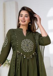 Olive Green Anarkali <b>Kurta</b> Set for <b>Women</b> Embroidered Ethnic Wear with Palazzo Pants Festive Wedding Party Outfit - Product Image 3