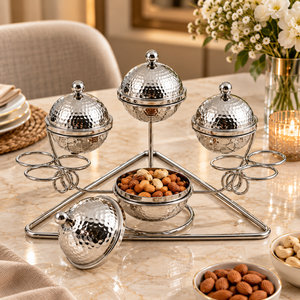 Ensemble de service à condiments en acier inoxydable martelé avec 3 bols à couvercles et support métallique – Décoration élégante pour table, idéal pour fruits secs et snacks - Product Image 2