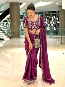 Royal <b>Satin</b> Silk <b>Saree</b> Hand Embellished Blouse Crystal Lace Border Modern Elegant Summer Wedding Cocktail Party Wear Indian - Product Image 3