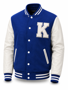 Blouson universitaire unisexe bleu avec manches blanches, broderie lettre K, patchwork frontal, col rabattable, streetwear décontracté d'hiver - Product Image 1