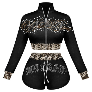 Women Booty Short Set GSM Ribbed Polyester Spandex Grey Pink Black Panel Crop <b>Top</b> <b>Rhinestone</b> Heat Transfer Logo Women Booty Set - Product Image 6