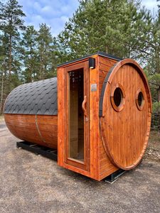 Sauna en bois de cèdre avec entrée arrière, cabine de sauna <span class=keywords><strong>extérieure</strong></span> pour 4 à 6 personnes avec fenêtre ronde et toit en bardeaux d'asphalte - Product Image 2