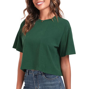 Women's <b>Green</b> <b>Crop</b> T-Shirt Short Sleeve Crew Neck Loose Fit Casual Jersey Tee Solid Color Breathable Knitted <b>Top</b> Spring Summer - Product Image 2