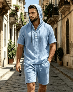 Men's Cotton Hooded Short Sleeve Shirt Set Solid Casual Summer Breathable Woven Quick Dry 120g 2pcs Customized Brand - Product Image 1