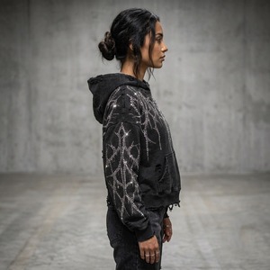 Custom Black Distressed Cropped <b>Zip</b>-Up Hoodie Rhinestone Lightning Design Faded Wash Oversized Street Wear Winter Fleece 100% - Product Image 6