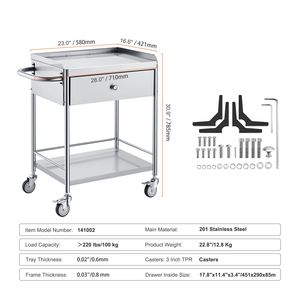 Chariot de laboratoire à 2 niveaux en acier inoxydable, capacité de 220 lb, roues silencieuses à 360°, tiroirs, chariot de rangement à capacité de 220 lb - Product Image 3