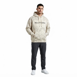 Sweat-shirt à capuche pour homme en crème avec motif de lignes topographiques, poche kangourou, streetwear personnalisé - Product Image 1