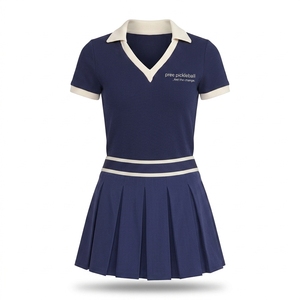 Pickleball Women's V-Neck Polo Collar Knitted Polyester/Cotton Sport <b>Set</b> Short Sleeve Polo Pleated Knee Skirt Solid Breathable - Product Image 6