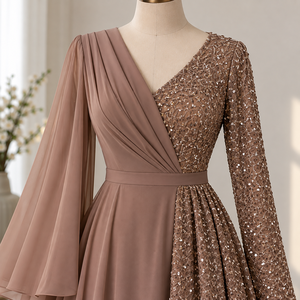Robe de soirée asymétrique à manches longues, robe longue en mousseline de soie avec superposition perlée, tenue de soirée formelle - Product Image 5