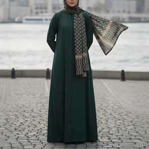 Women Plus Size Long Sleeve Floor Length Modest Abaya Solid Color Loose Fit All Seasons with Geometric Print Scarf - Product Image 1
