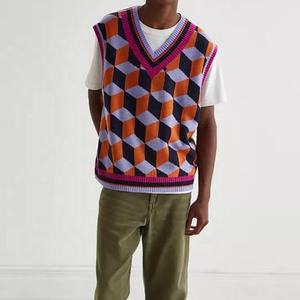 Gilet sans manches géométrique en tricot pour homme OEM 2026, col en V, en acrylique, pull tendance automne, fabriqué par TRIOTAKE INDUSTRY - Product Image 1